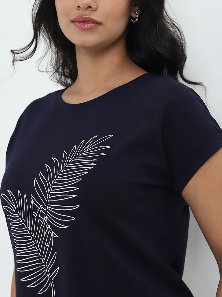 Gia Navy Blue Leaf Printed Cotton T-Shirt