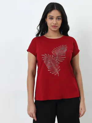 Gia Red Leaf Printed Cotton T-Shirt