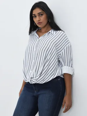 Gia White Stripe Printed Front Knot Cotton Shirt