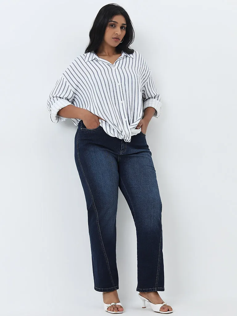 Gia White Stripe Printed Front Knot Cotton Shirt