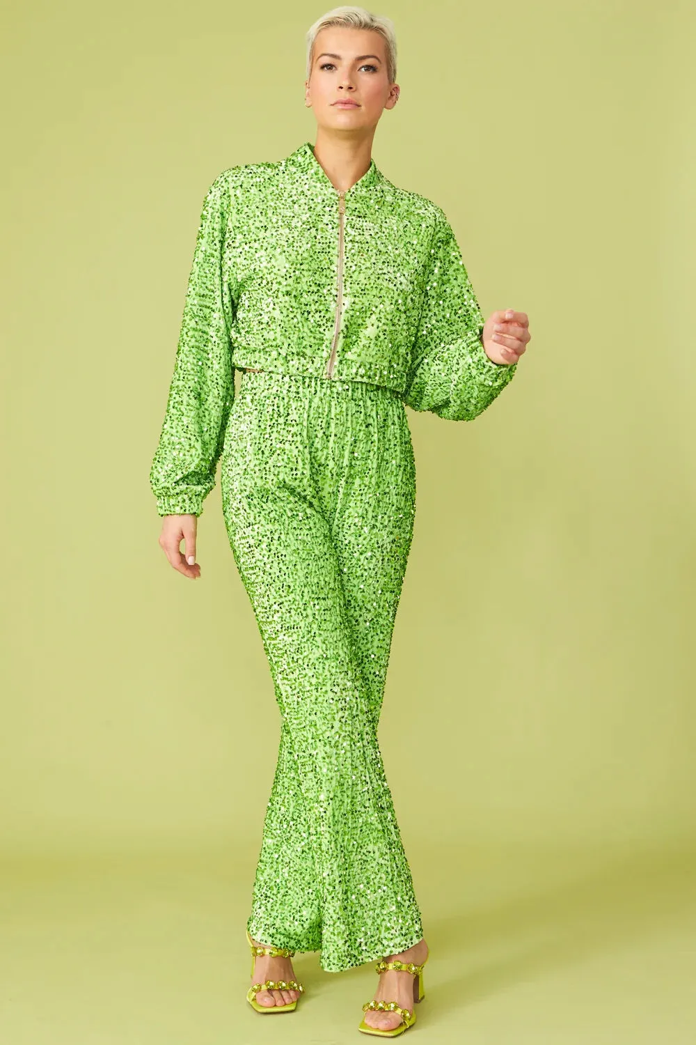 Green Bamboo Blend Sequin Trousers