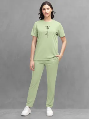 HELLCAT Green Trendy Printed / Solid T shirt with Pants Lounge Wear / Coords / Clothing Set for Women