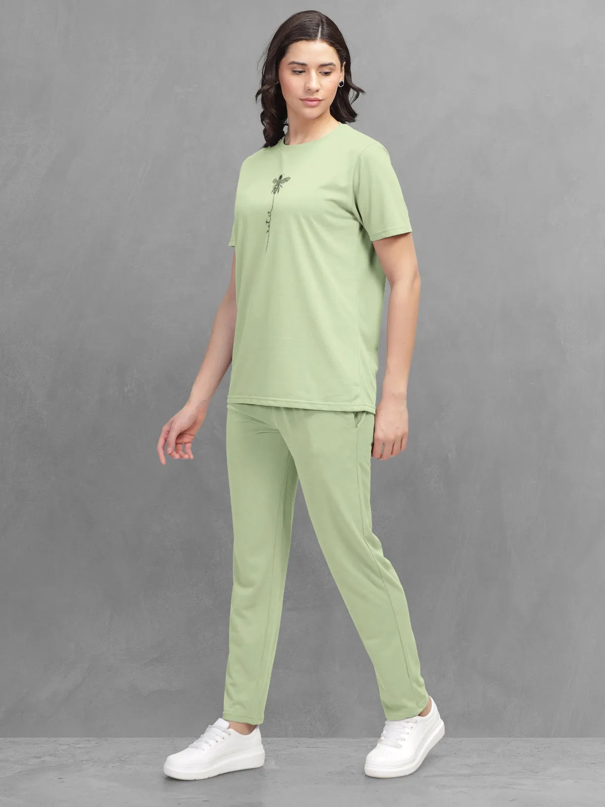 HELLCAT Green Trendy Printed / Solid T shirt with Pants Lounge Wear / Coords / Clothing Set for Women