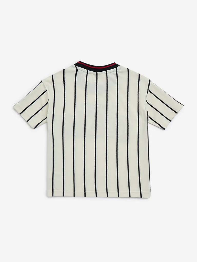 HOP Kids Off-White Text Embroidered Cotton T-Shirt