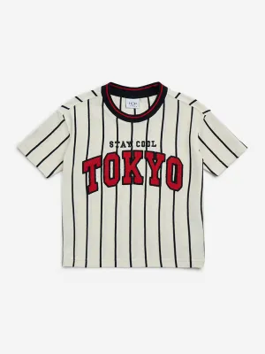 HOP Kids Off-White Text Embroidered Cotton T-Shirt