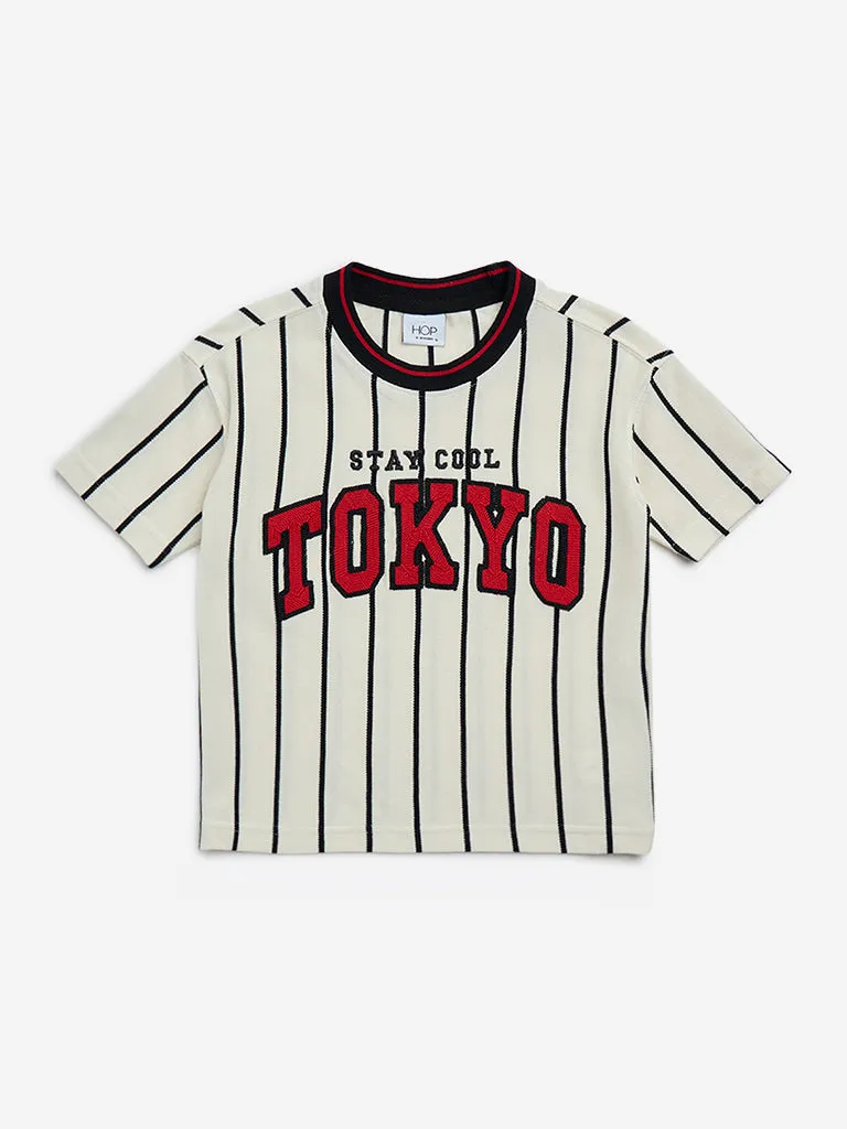 HOP Kids Off-White Text Embroidered Cotton T-Shirt