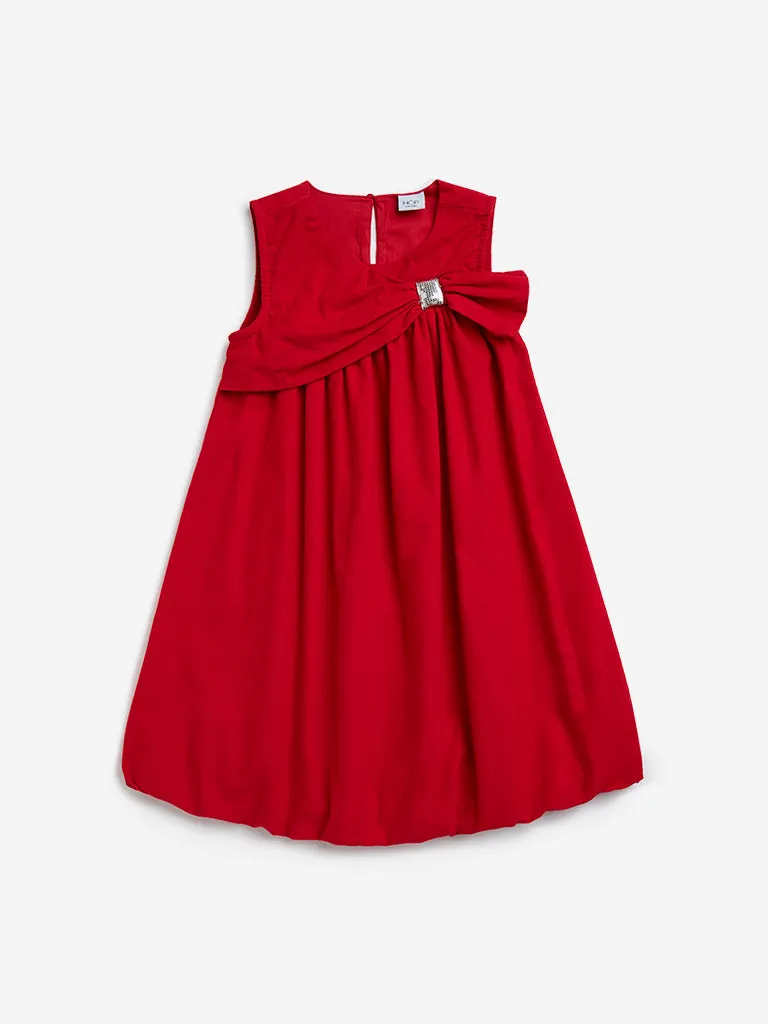 HOP Kids Red Bow Design Cotton A-Line Dress