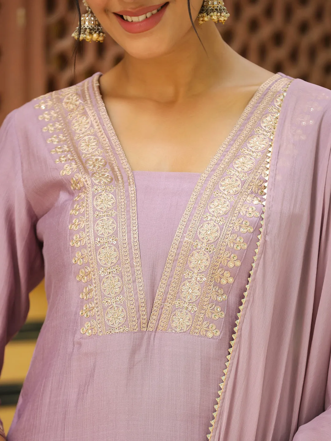 Lavender Silk Blend Yoke Embroidery Straight Kurta Set