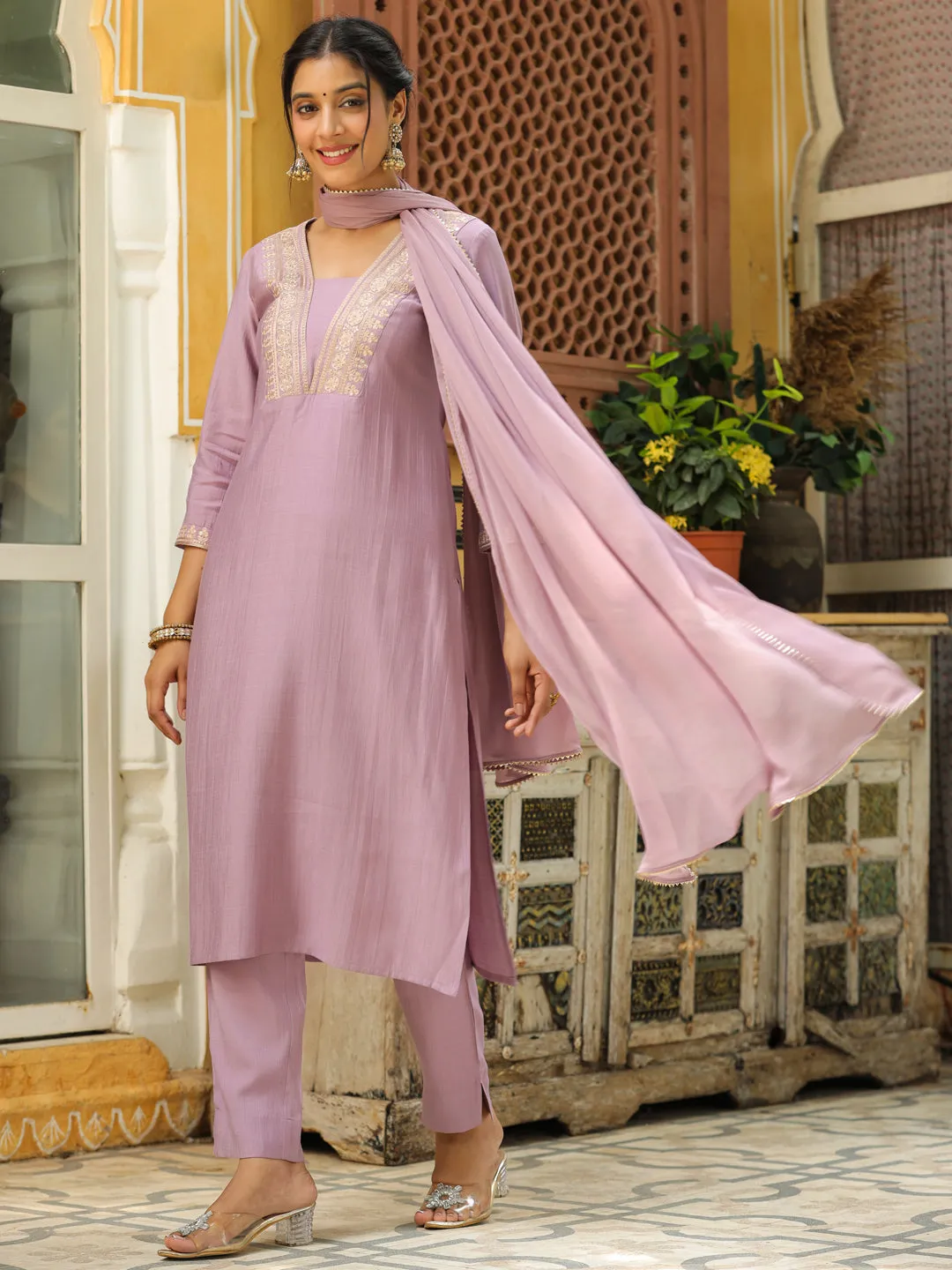 Lavender Silk Blend Yoke Embroidery Straight Kurta Set