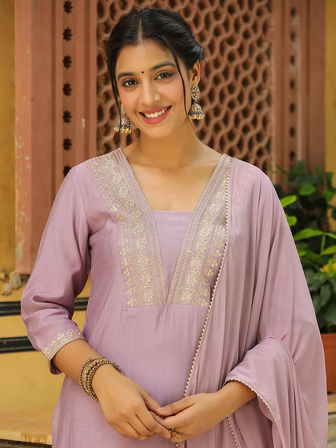 Lavender Silk Blend Yoke Embroidery Straight Kurta Set