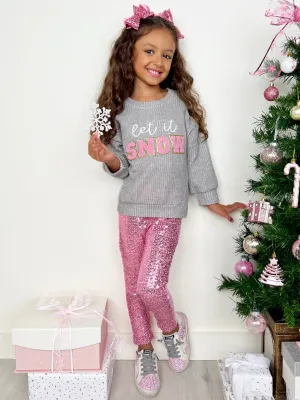 Let It Snow Sweater and Pink Dazzling Sequin Legging Set