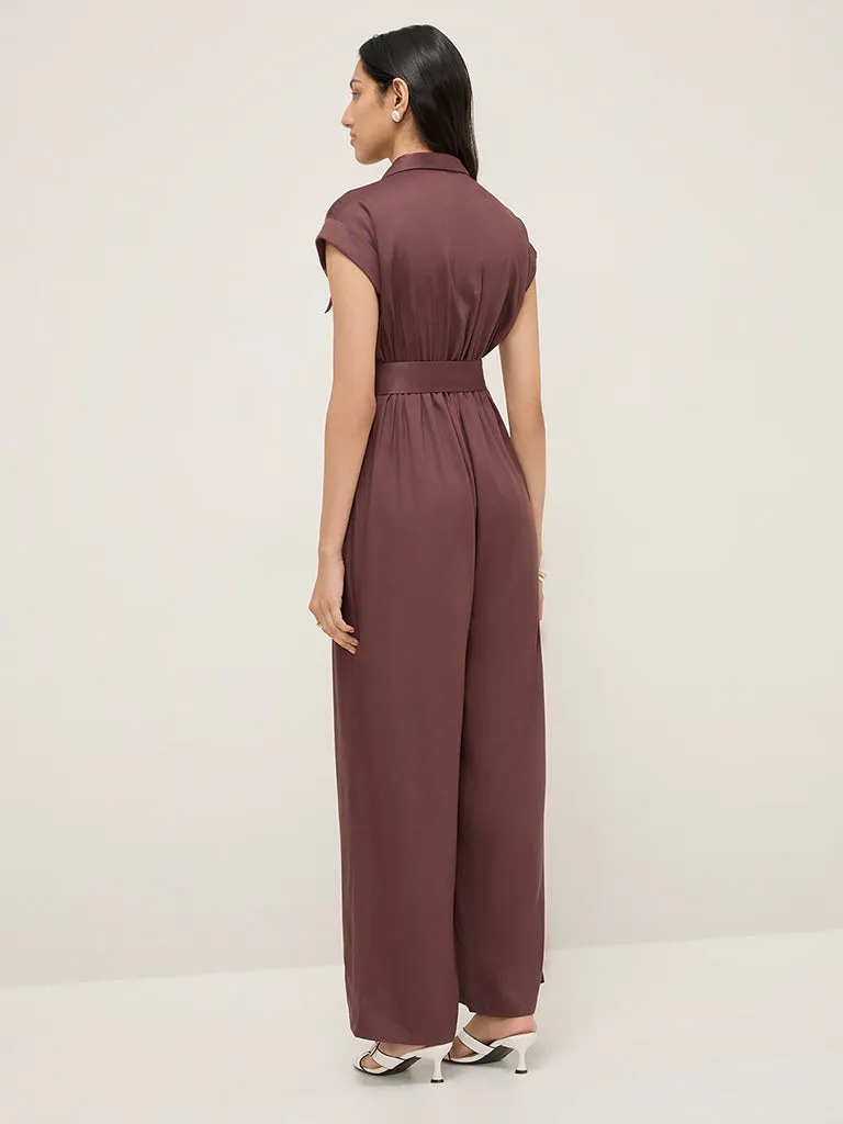 LOV Brown Belted Cotton Jumpsuit with Belt