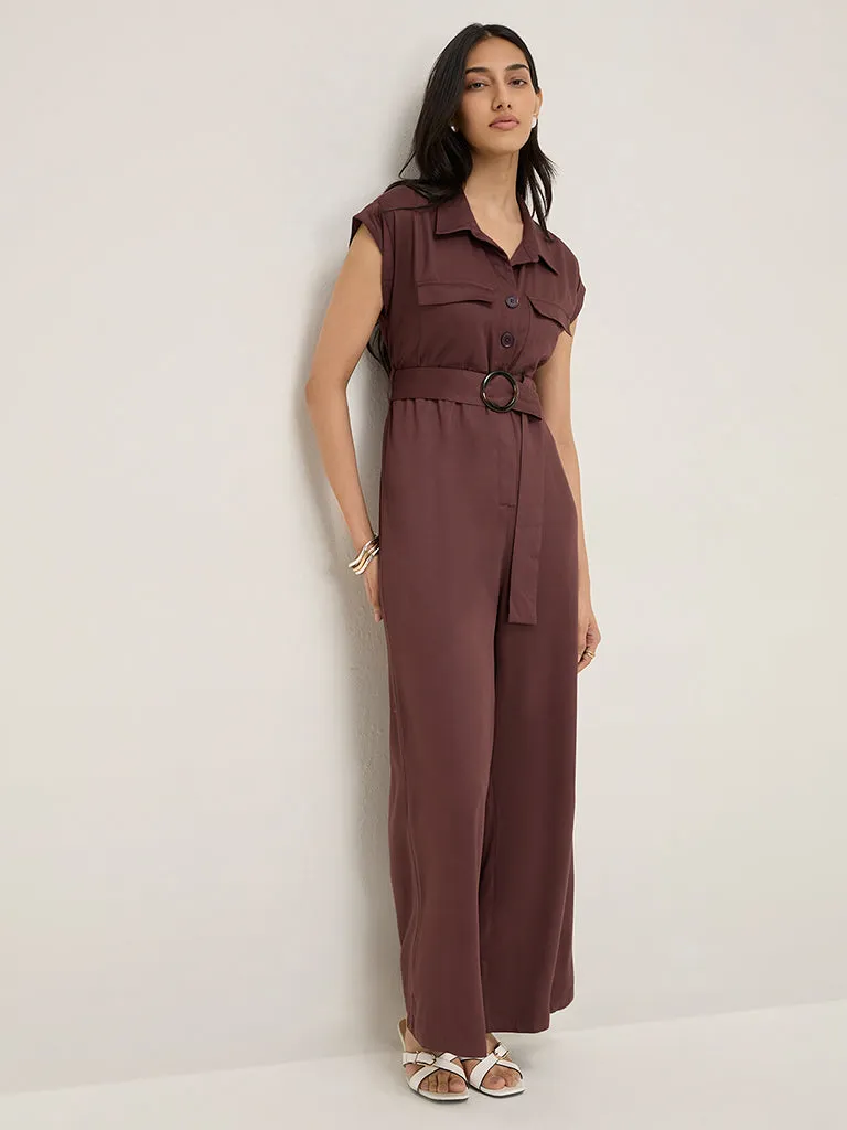 LOV Brown Belted Cotton Jumpsuit with Belt