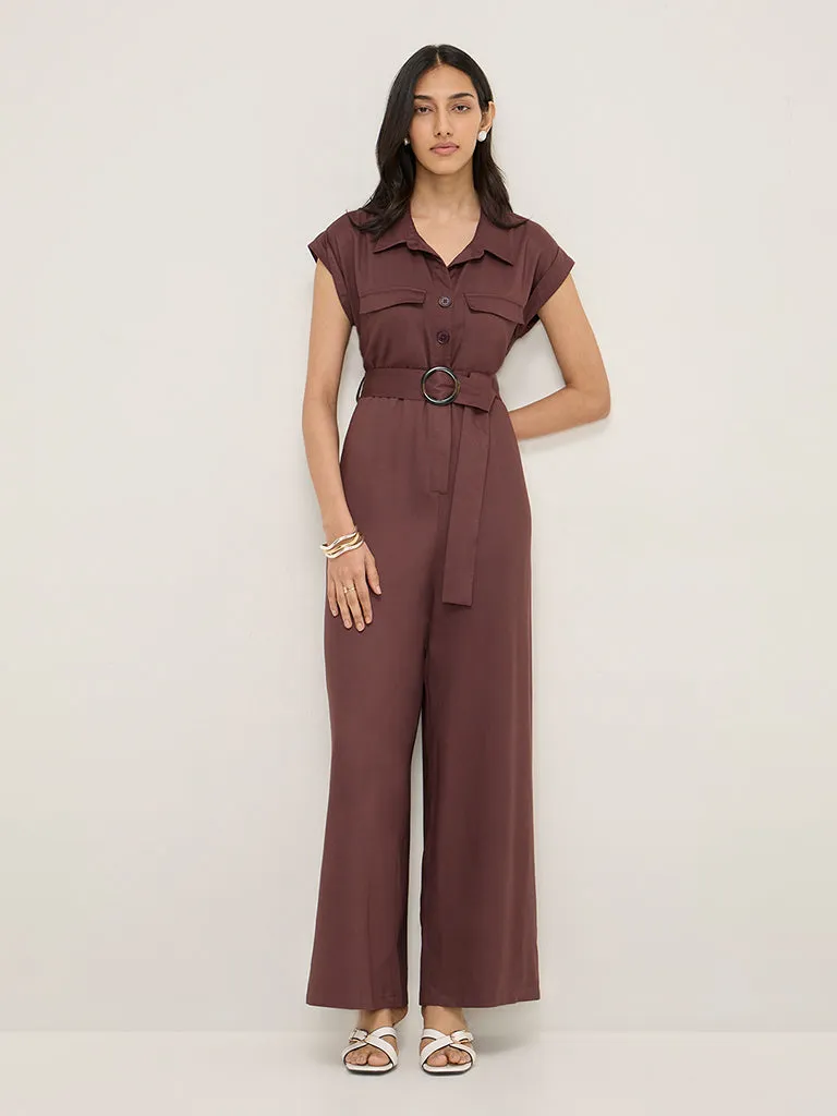 LOV Brown Belted Cotton Jumpsuit with Belt