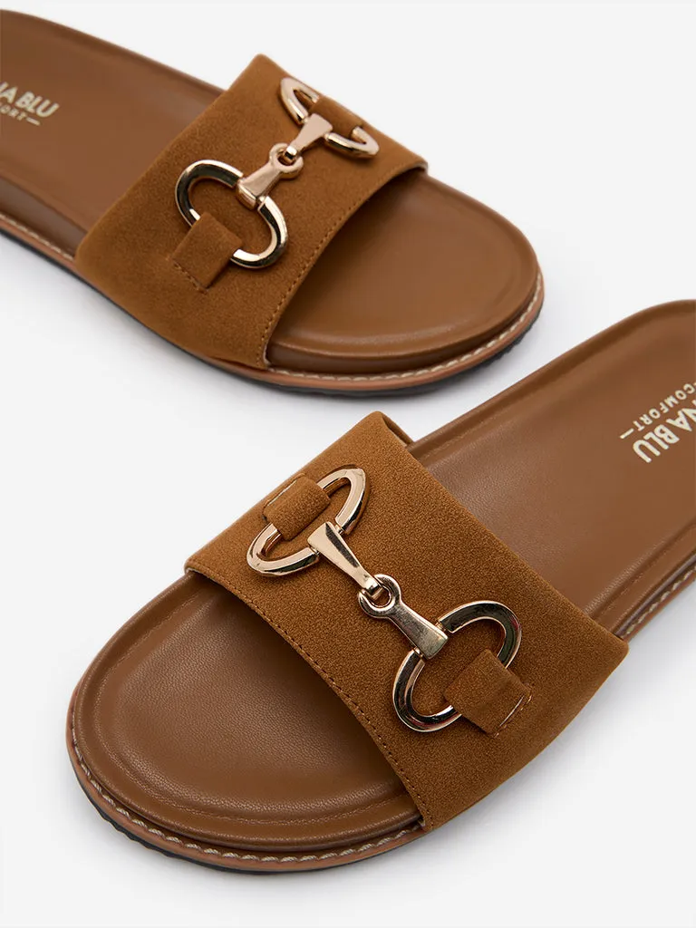 LUNA BLU Tan Saddle-Trim Comfort Slides