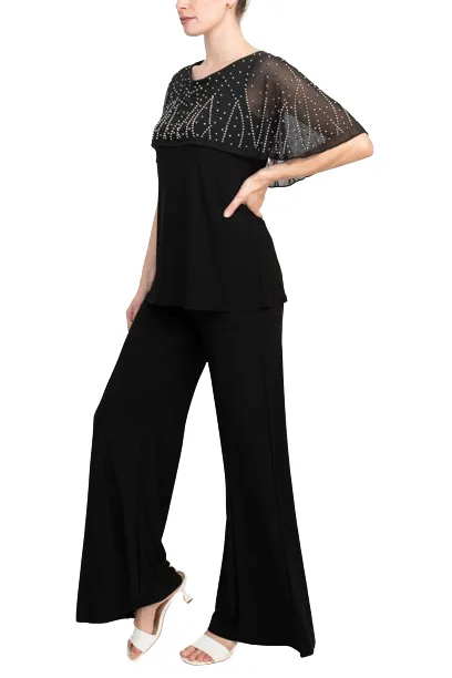 Marina Boat Neck Embellished Capelet Sleeve Solid Top and Elastic Mid Waist Wide Leg Pant Set