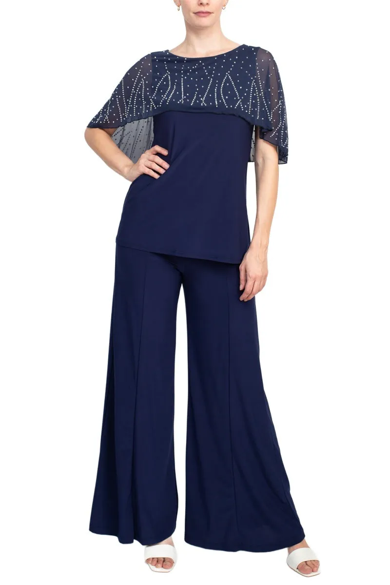 Marina Boat Neck Embellished Capelet Sleeve Solid Top and Elastic Mid Waist Wide Leg Pant Set