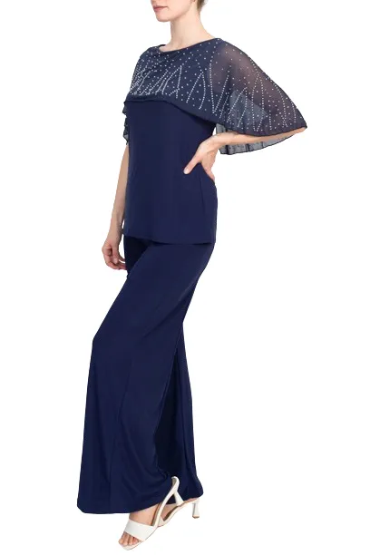 Marina Boat Neck Embellished Capelet Sleeve Solid Top and Elastic Mid Waist Wide Leg Pant Set