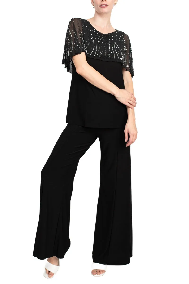 Marina Boat Neck Embellished Capelet Sleeve Solid Top and Elastic Mid Waist Wide Leg Pant Set