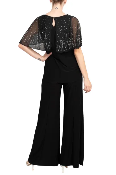 Marina Boat Neck Embellished Capelet Sleeve Solid Top and Elastic Mid Waist Wide Leg Pant Set