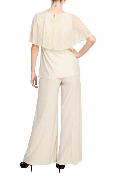 Marina Boat Neck Embellished Capelet Sleeve Solid Top and Elastic Mid Waist Wide Leg Pant Set