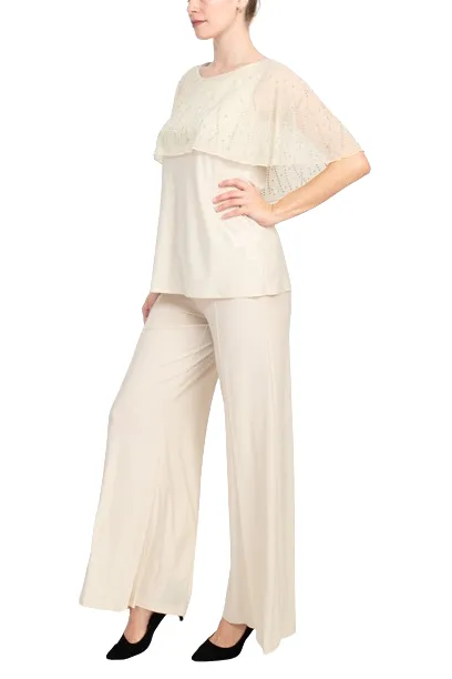 Marina Boat Neck Embellished Capelet Sleeve Solid Top and Elastic Mid Waist Wide Leg Pant Set