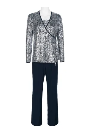 Marina Spaghetti Strap Metallic Knit Top Elastic Mid Waist Straight Leg Pant Set with Long Sleeve Surplice V-Neck Metallic Knit Jacket Three Piece Set