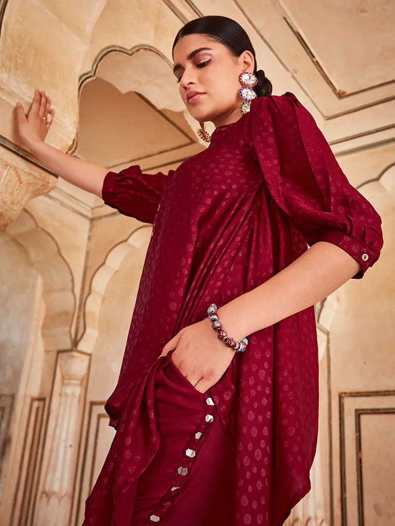 Maroon Handkerchief Mirror Embellished Silk Top With Mirror Embellished Trousers