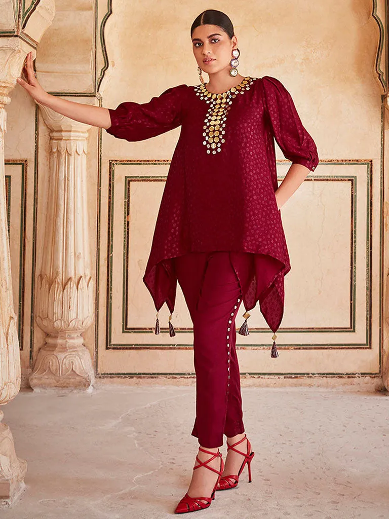 Maroon Handkerchief Mirror Embellished Silk Top With Mirror Embellished Trousers