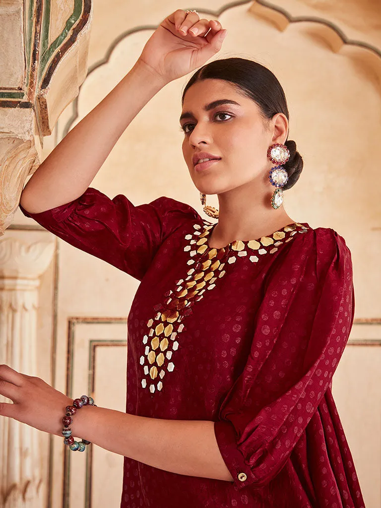 Maroon Handkerchief Mirror Embellished Silk Top With Mirror Embellished Trousers