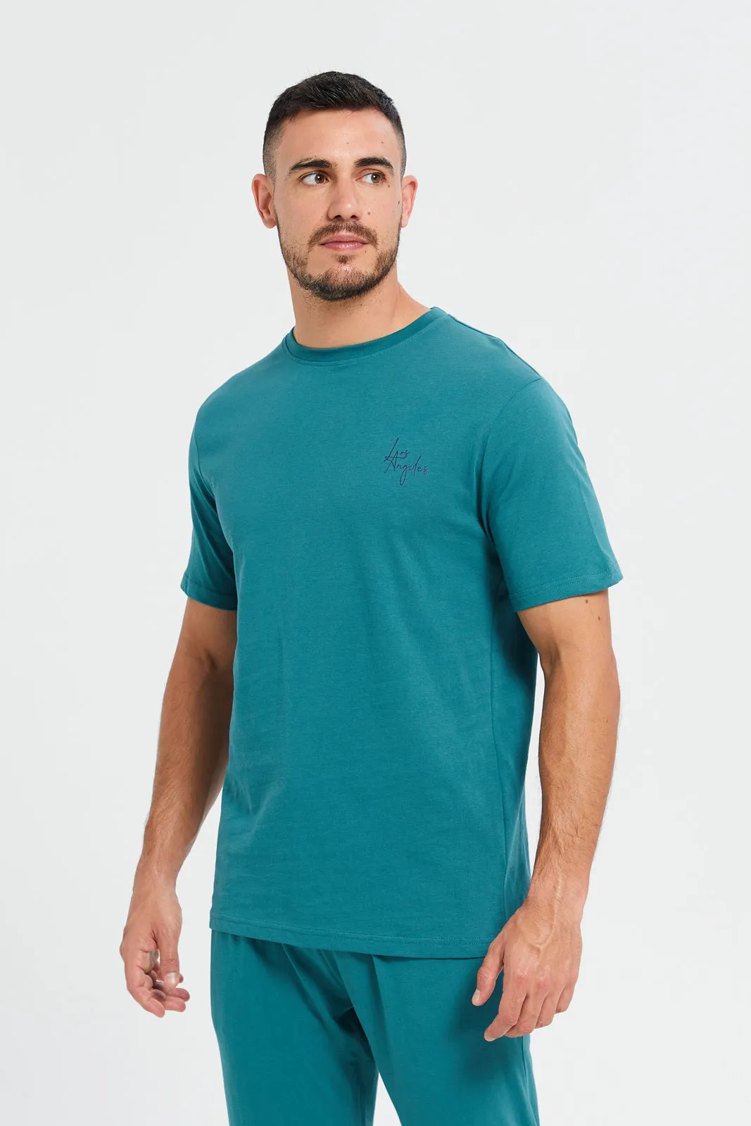 Men Green Plain T-Shirt And Pants Pyjama Set (2 Piece)