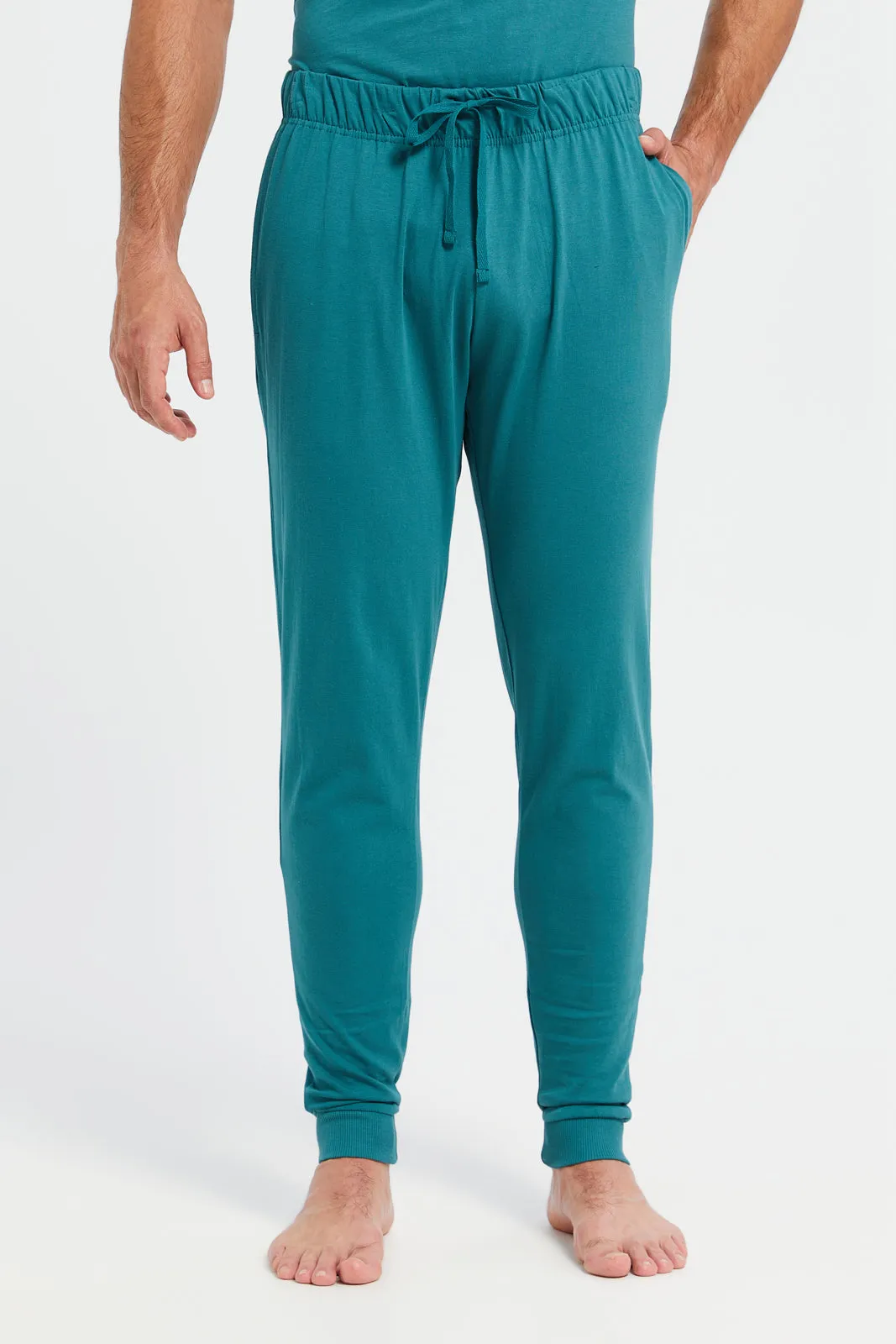 Men Green Plain T-Shirt And Pants Pyjama Set (2 Piece)