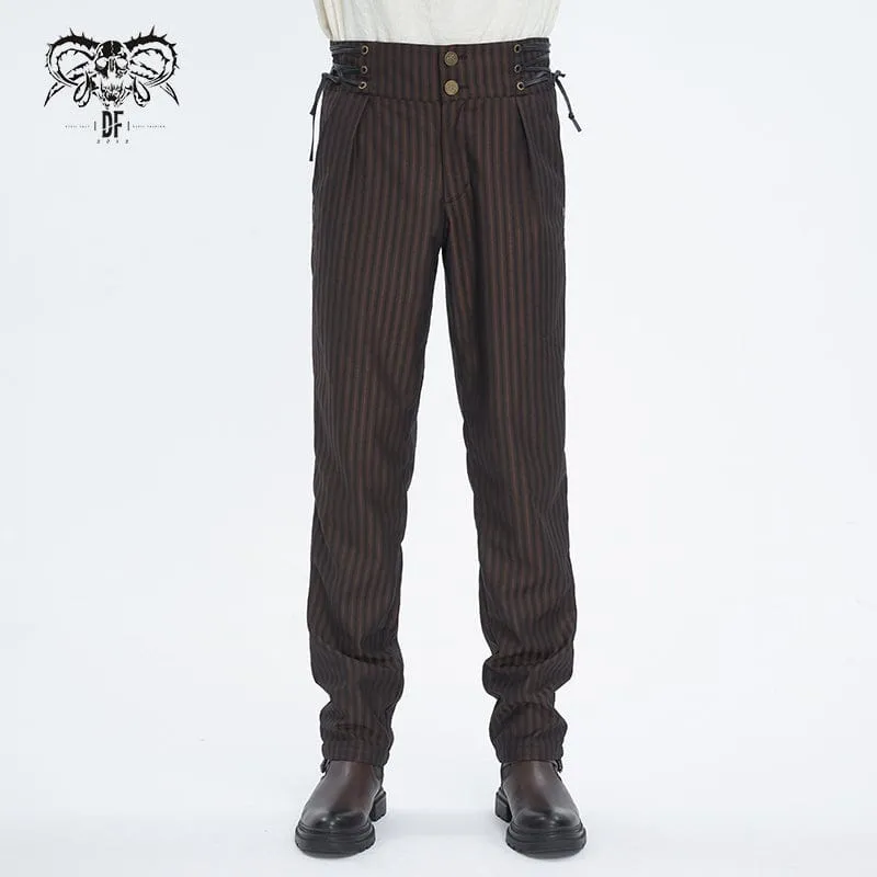 Men's Gothic High-waisted Lace-up Striped Coffee Pants