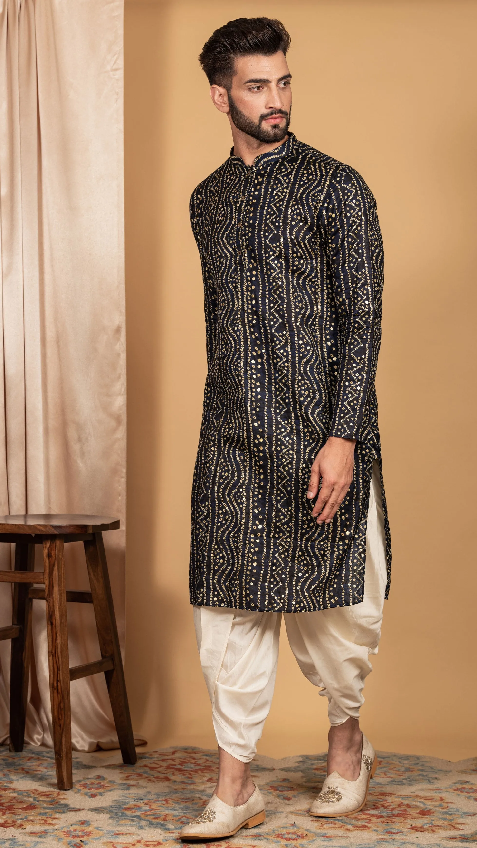 Men's Navy Blue Kurta Dhoti Pants Set