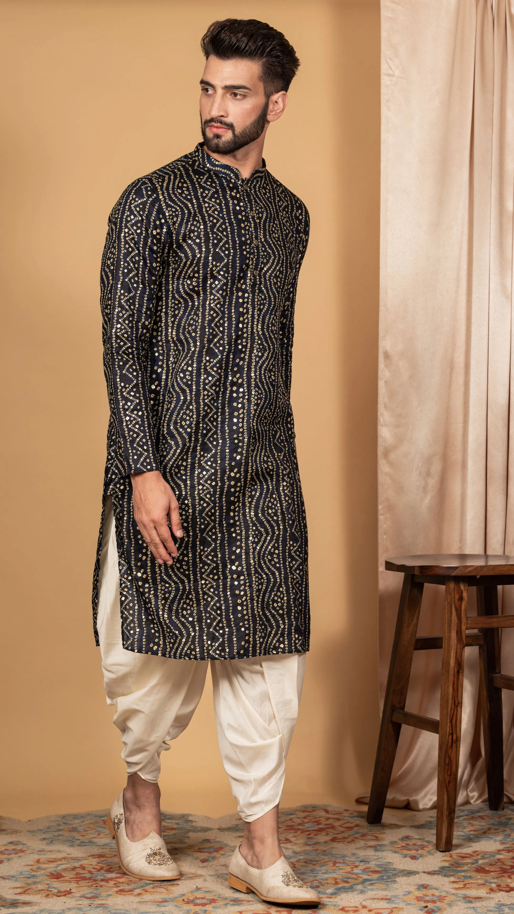 Men's Navy Blue Kurta Dhoti Pants Set