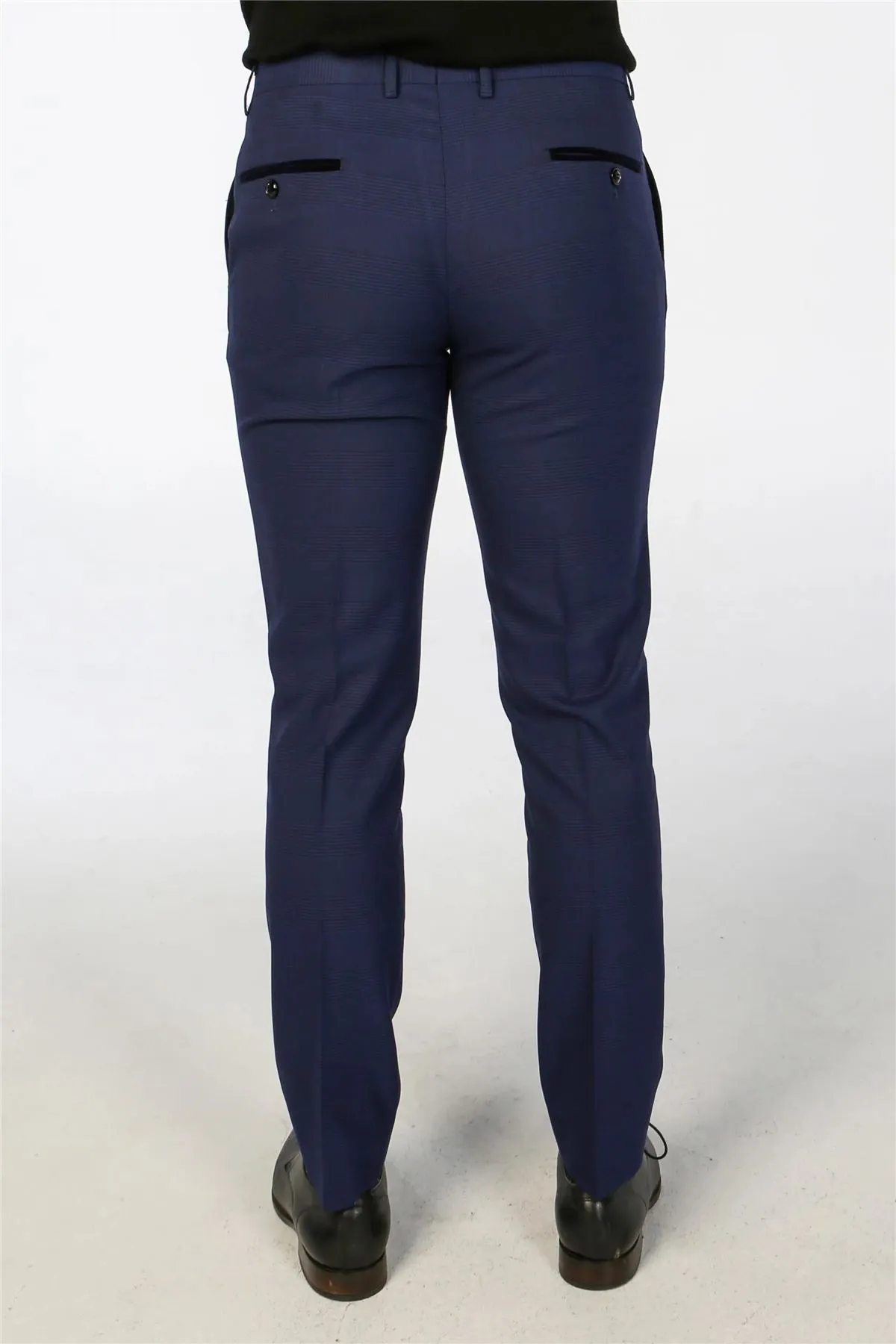 Men's Trousers Navy Blue Checked Formal Suit Pants