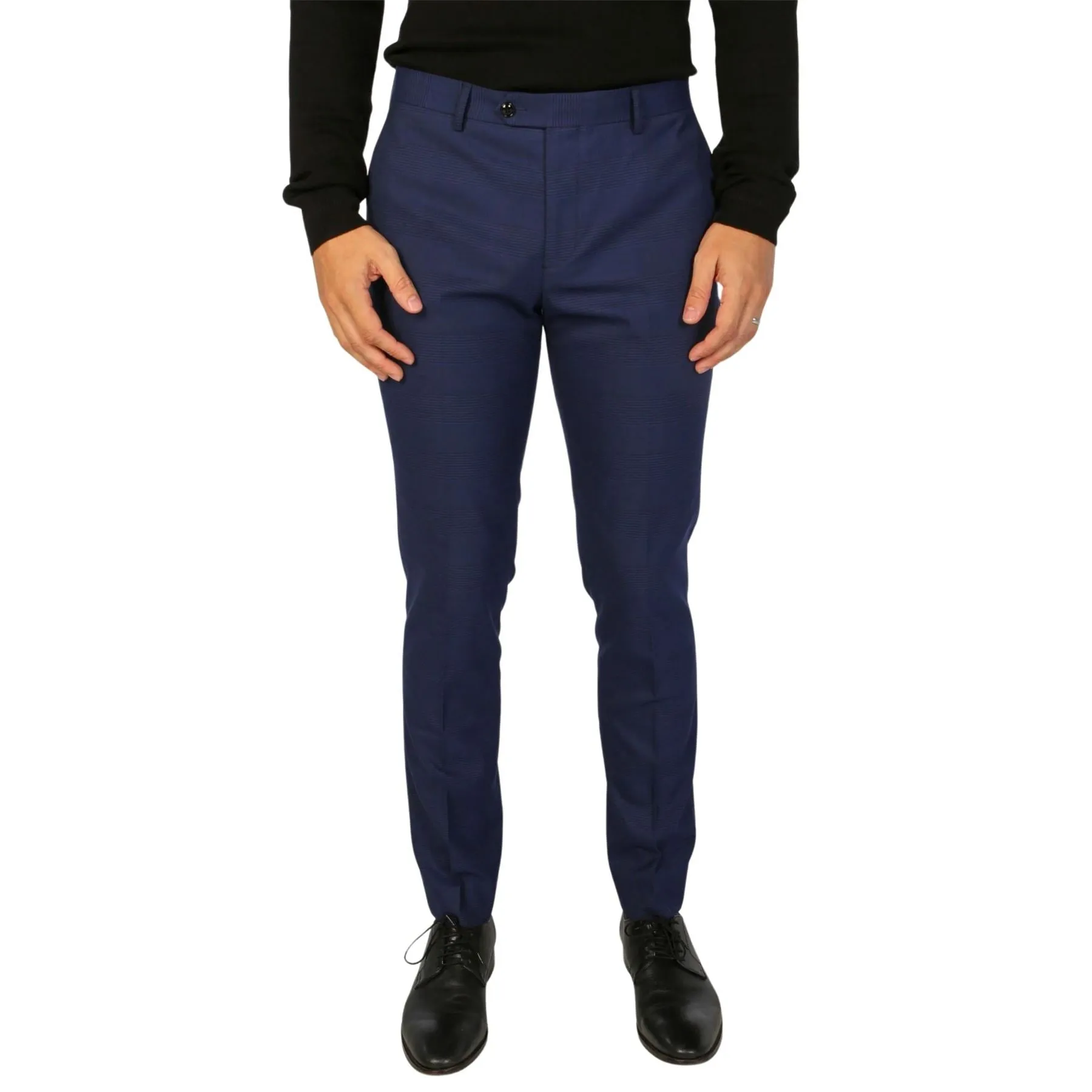 Men's Trousers Navy Blue Checked Formal Suit Pants