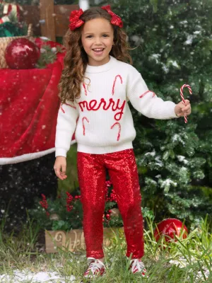 Merry Knit Sweater and Red Dazzling Sequin Pant Set