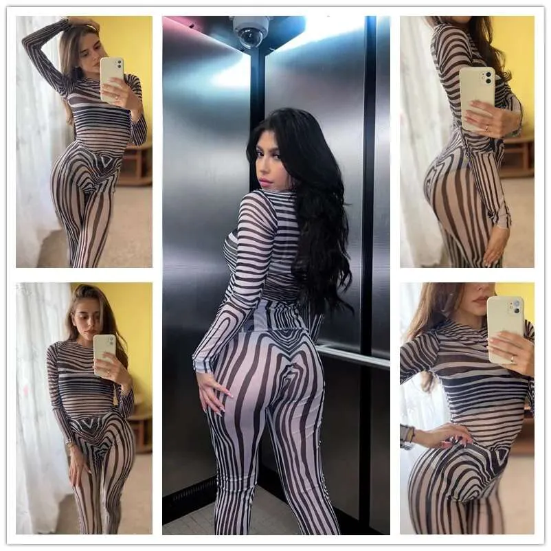 Mesh Zebra Striped Women 2 Piece Suit See-through*