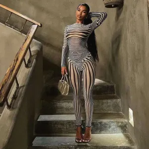 Mesh Zebra Striped Women 2 Piece Suit See-through*