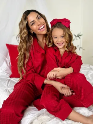 Mommy and Me Red Houndstooth Silk Pajama Set