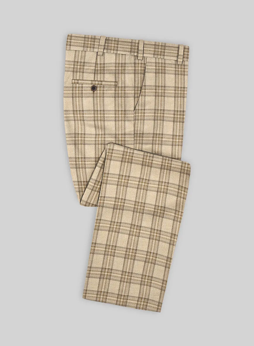 Noble Beige Check Wool Silk Linen Pants