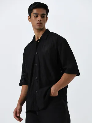 Nuon Black Self-Striped Relaxed-Fit Shirt