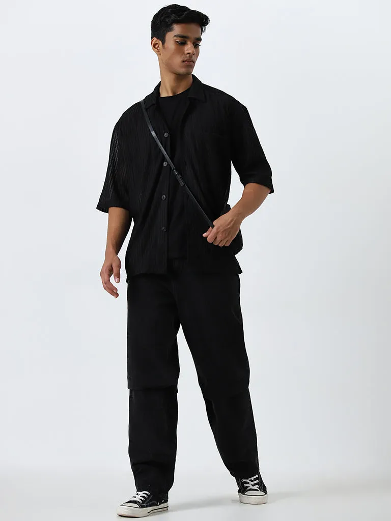 Nuon Black Self-Striped Relaxed-Fit Shirt