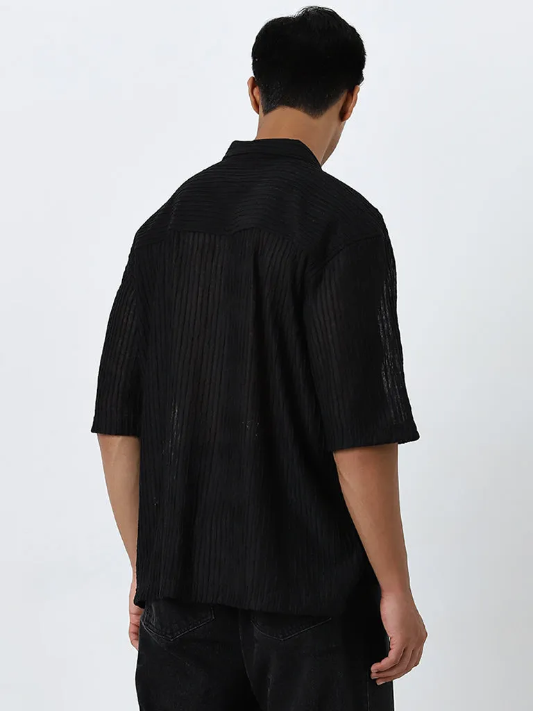 Nuon Black Self-Striped Relaxed-Fit Shirt