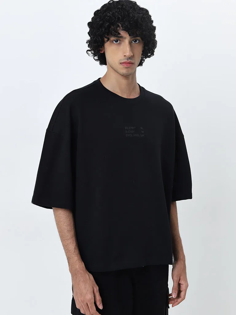 Nuon Black Text Printed Relaxed Fit Cotton T-Shirt