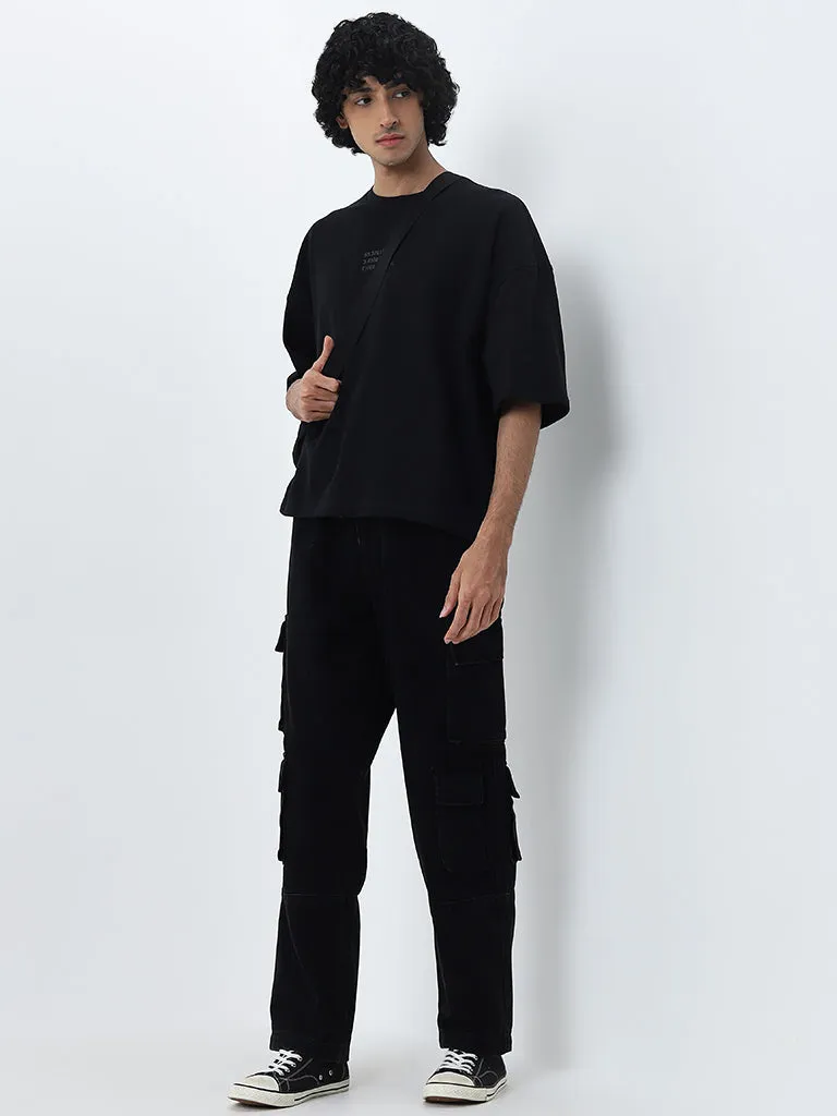 Nuon Black Text Printed Relaxed Fit Cotton T-Shirt