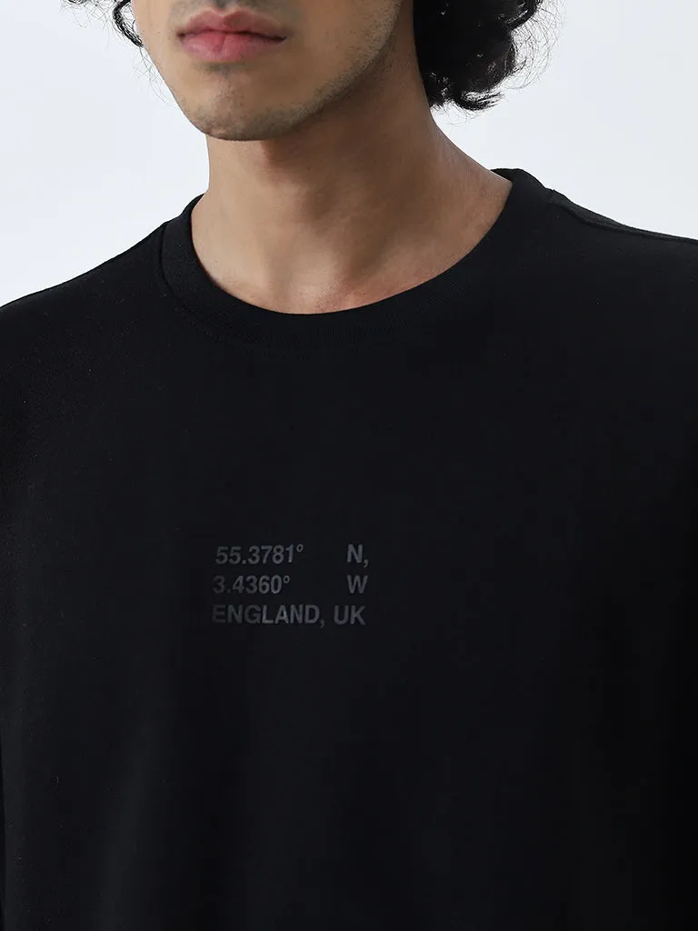 Nuon Black Text Printed Relaxed Fit Cotton T-Shirt