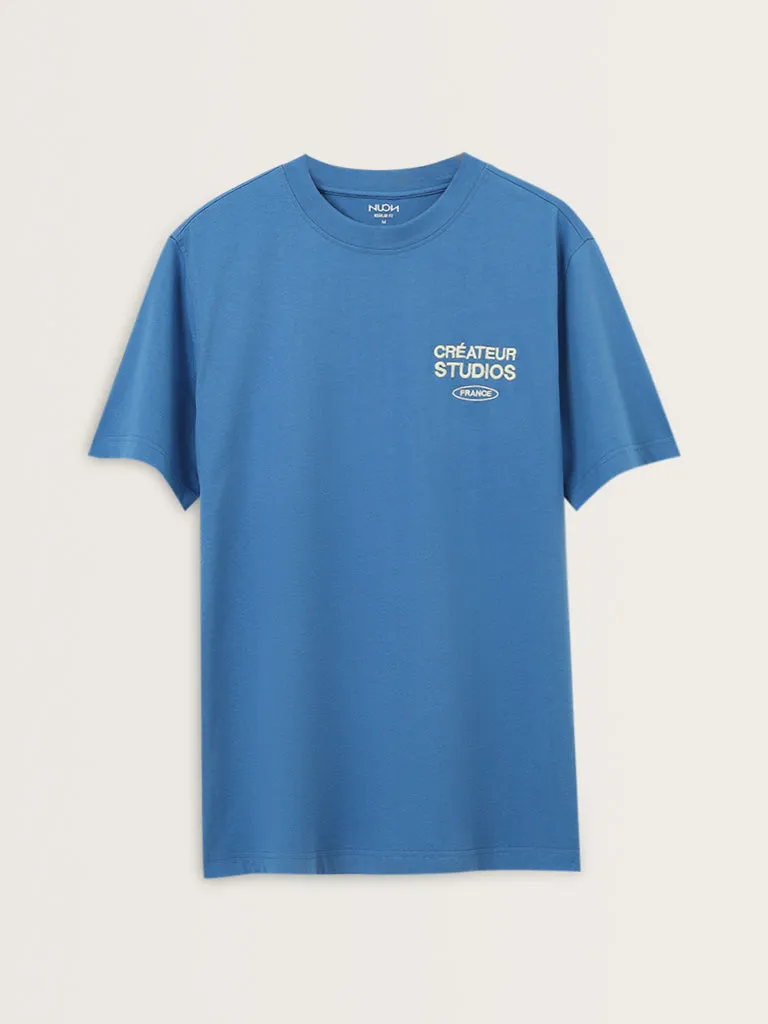 Nuon Blue Text Design Relaxed-Fit Cotton T-Shirt