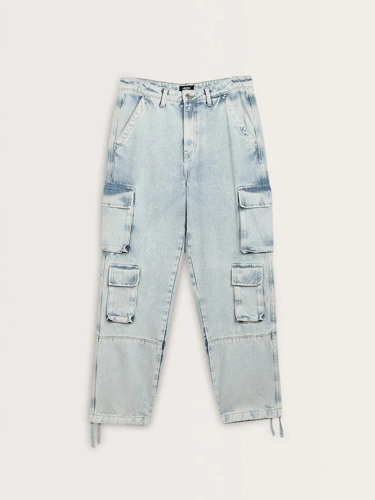 Nuon Light Blue Cargo-Style Mid-Rise Relaxed-Fit Jeans